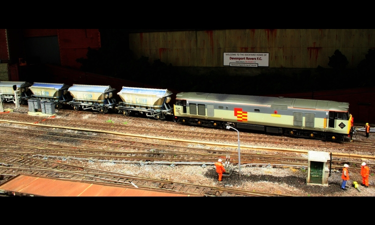 50149 "Defiance" departs Devonport Road with a china clay train.